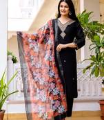  Viscose Chanderi Embroidery Work Straight Kurta Pant and Dupatta Set