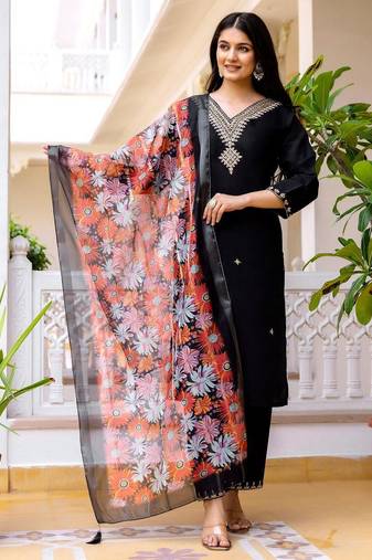 Women's Beautiful Viscose Chanderi Fabric Embroidery Work Straight Kurta Pant and Dupatta Set