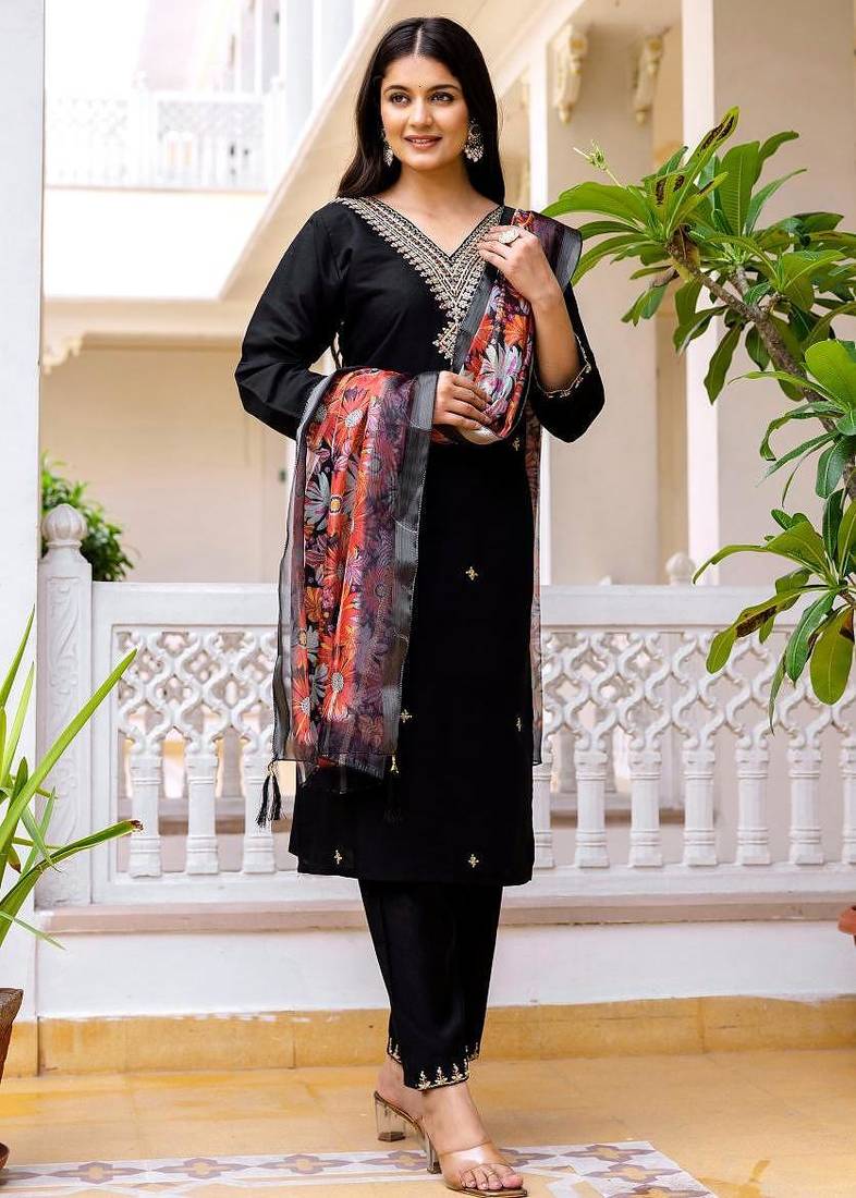 Women's Beautiful Viscose Chanderi Fabric Embroidery Work Straight Kurta Pant and Dupatta Set