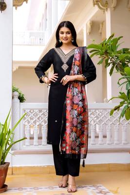  Viscose Chanderi Embroidery Work Straight Kurta Pant and Dupatta Set 4