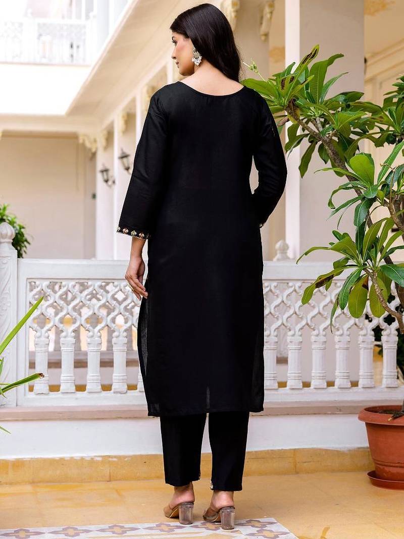 Women's Beautiful Viscose Chanderi Fabric Embroidery Work Straight Kurta Pant and Dupatta Set