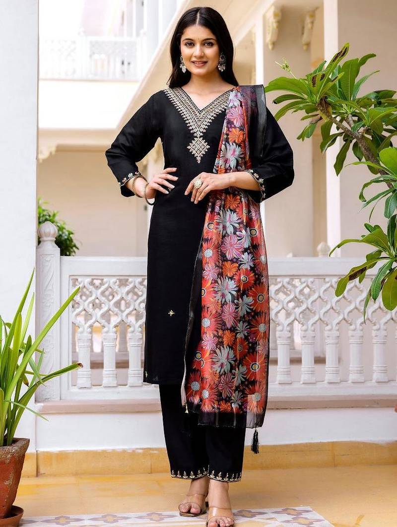 Women's Beautiful Viscose Chanderi Fabric Embroidery Work Straight Kurta Pant and Dupatta Set
