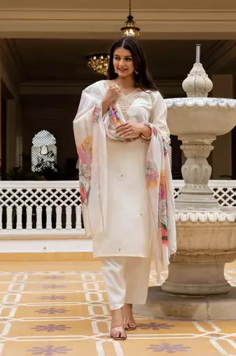  Viscose Chanderi Embroidery Work Straight Kurta Pant and Dupatta Set