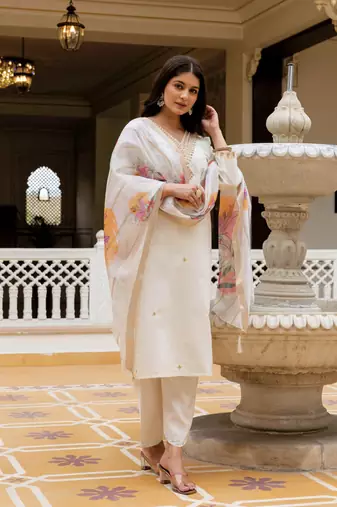  Viscose Chanderi Embroidery Work Straight Kurta Pant and Dupatta Set