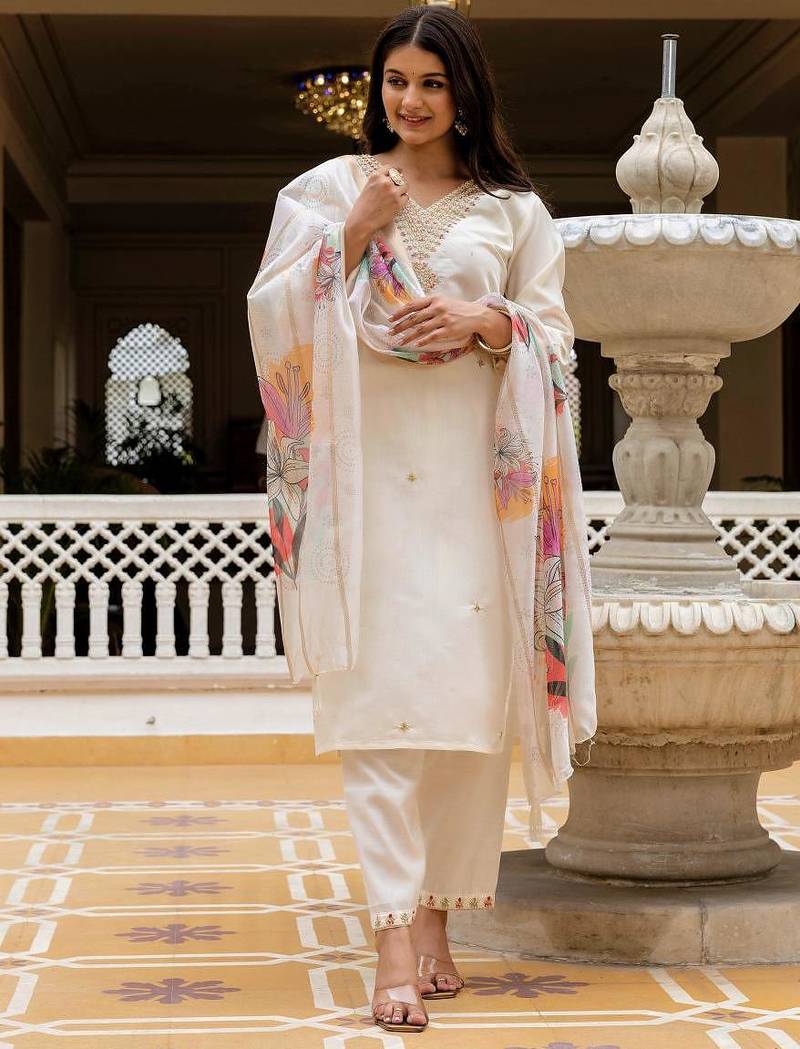 Women's Beautiful Viscose Chanderi Fabric Embroidery Work Straight Kurta Pant and Dupatta Set