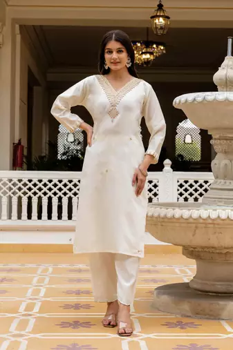  Viscose Chanderi Embroidery Work Straight Kurta Pant and Dupatta Set
