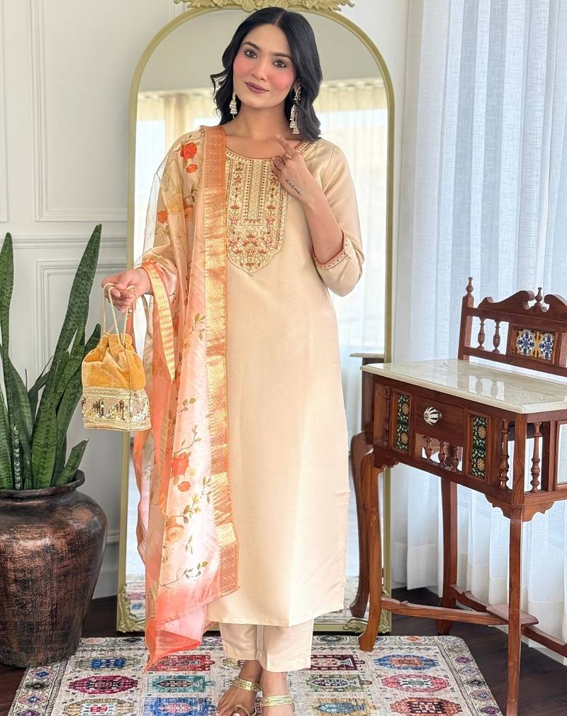 Women's Beautiful Ryon Fabric Embroidery Work Straight Kurta Pant and Dupatta Set