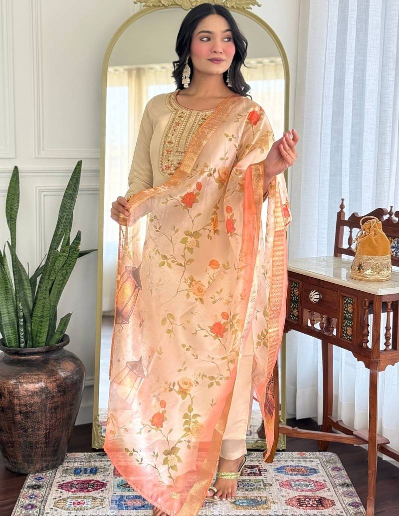 Women's Beautiful Ryon Fabric Embroidery Work Straight Kurta Pant and Dupatta Set