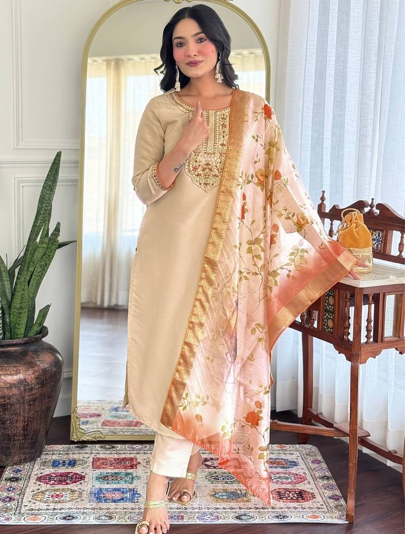 Women's Beautiful Ryon Fabric Embroidery Work Straight Kurta Pant and Dupatta Set