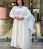  Cotton Thread Work Straight Kurta Pant and Dupatta Set