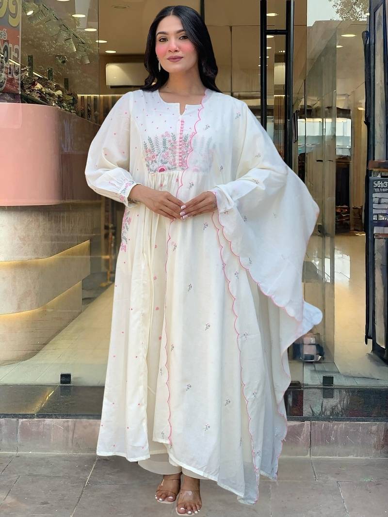 Women's Beautiful Cotton Fabric Thread Work Straight Kurta Pant and Dupatta Set