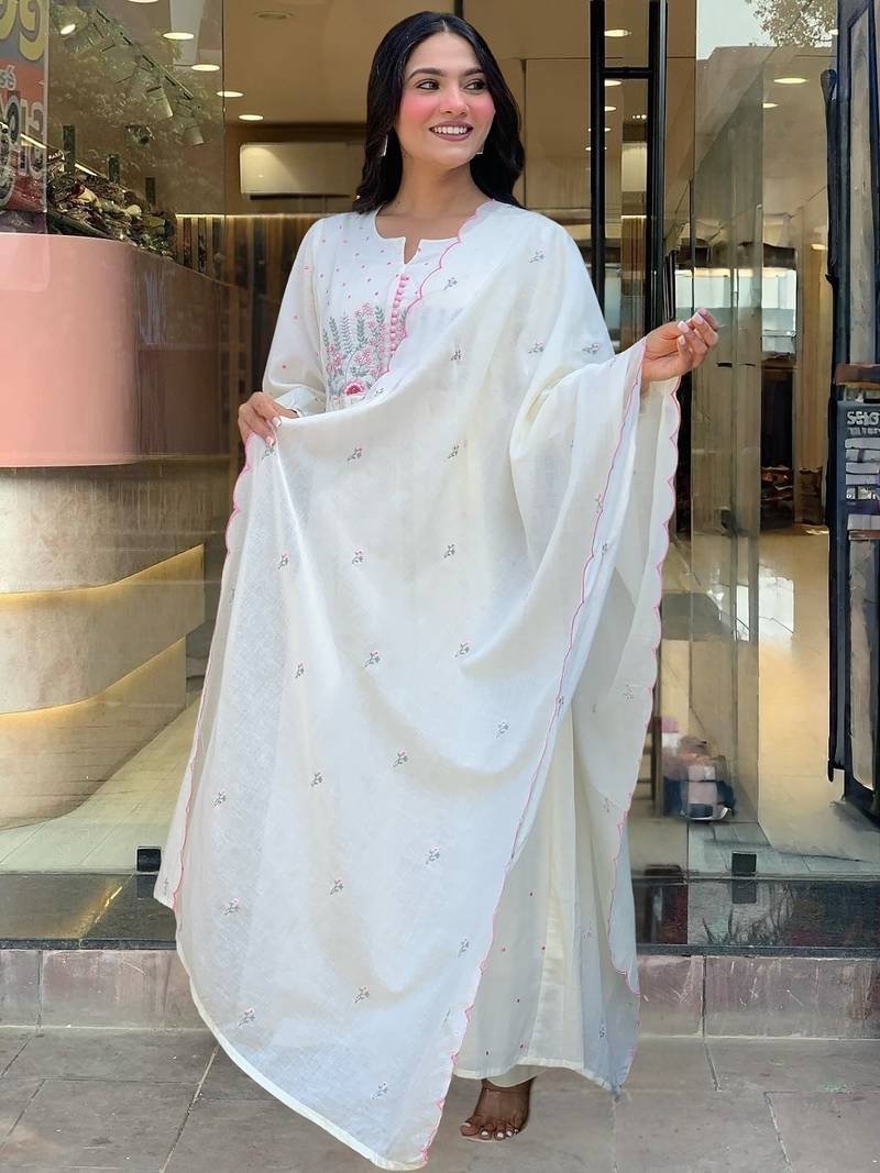 Women's Beautiful Cotton Fabric Thread Work Straight Kurta Pant and Dupatta Set