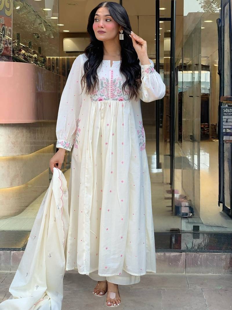 Women's Beautiful Cotton Fabric Thread Work Straight Kurta Pant and Dupatta Set
