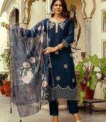  Viscose Chanderi Thread Work Straight Kurta Pant and Dupatta Set