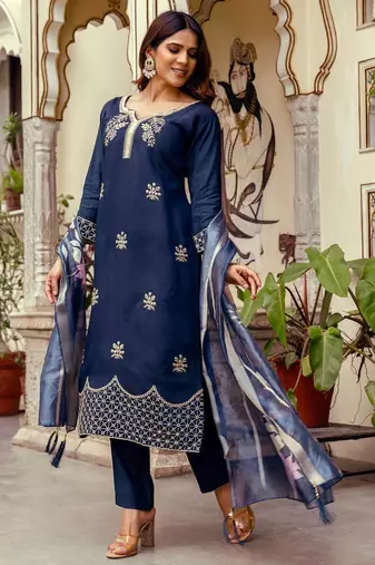  Viscose Chanderi Thread Work Straight Kurta Pant and Dupatta Set