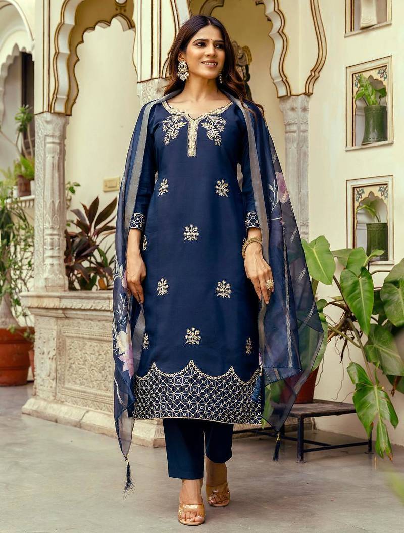 Women's Beautiful Viscose Chanderi Fabric Thread Work Straight Kurta Pant and Dupatta Set