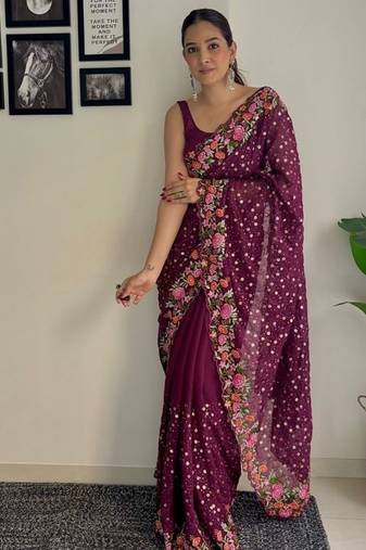 soft georgette sequins saree with multi-colour embroidery  designer party & festive wear