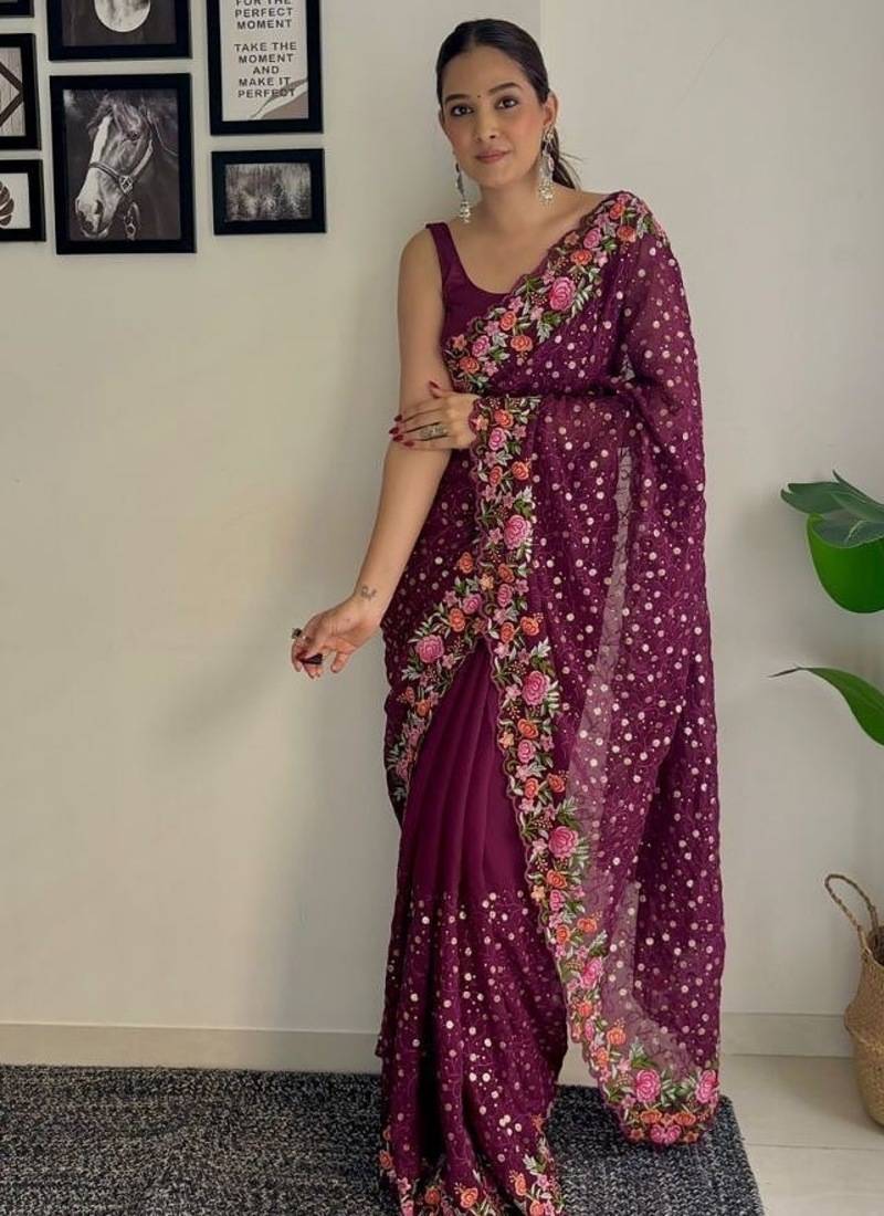 soft georgette sequins saree with multi-colour embroidery  designer party & festive wear