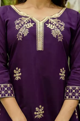 Viscose Chanderi Thread Work Straight Kurta Pant and Dupatta Set