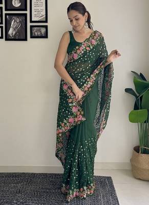 beautiful multi-coloured thread embroidery & sequins work saree  1