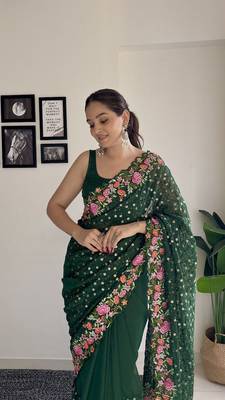 beautiful multi-coloured thread embroidery & sequins work saree  2