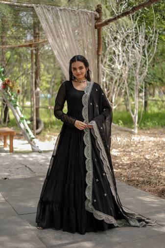Black Faux Blooming Zari & Sequins Embroidered Readymade Gown with Dupatta