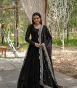 Black Faux Blooming Zari & Sequins Embroidered Readymade Gown with Dupatta