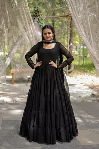 Black Faux Blooming Zari & Sequins Embroidered Readymade Gown with Dupatta