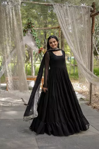 Black Faux Blooming Zari & Sequins Embroidered Readymade Gown with Dupatta