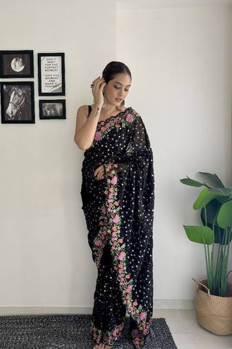 premium georgette saree with all-over sequins & thread embroidery  ready stock