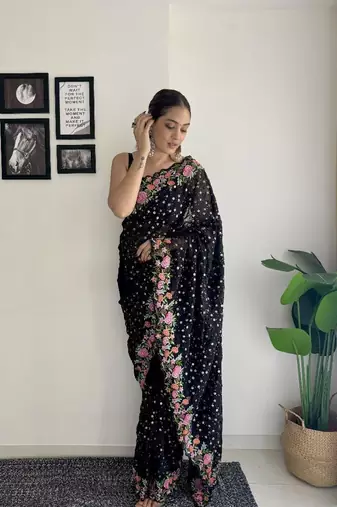 premium georgette saree with all-over sequins & thread embroidery  ready stock