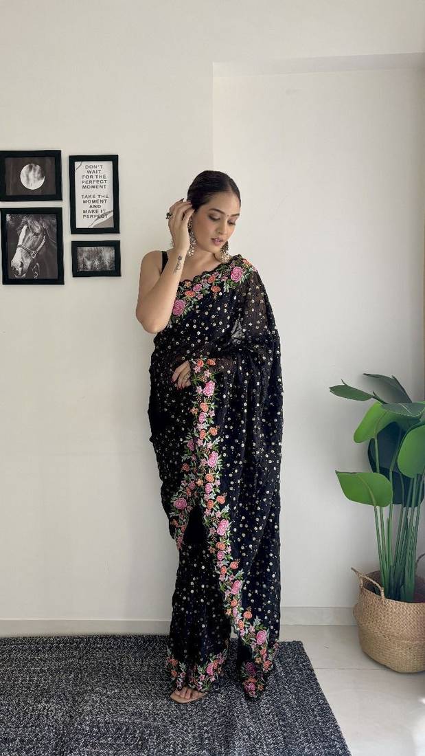 premium georgette saree with all-over sequins & thread embroidery  ready stock