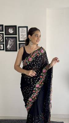 premium georgette saree with all-over sequins & thread embroidery ready stock 2