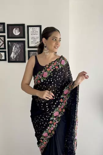 premium georgette saree with all-over sequins & thread embroidery ready stock