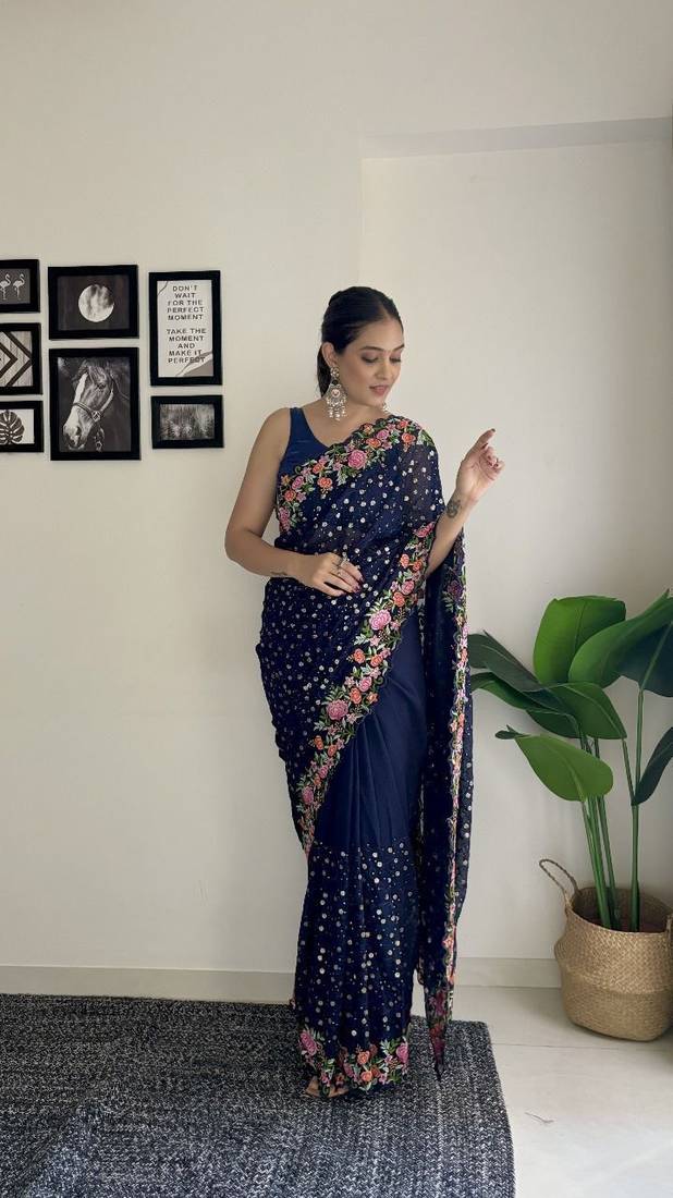 beautiful multi-coloured thread embroidery & sequins work saree 