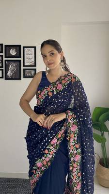 beautiful multi-coloured thread embroidery & sequins work saree  2
