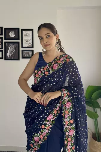 beautiful multi-coloured thread embroidery & sequins work saree 