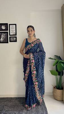 soft georgette sequins saree with multi-colour embroidery party & festive wear 1