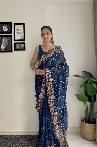 soft georgette sequins saree with multi-colour embroidery  designer party & festive wear