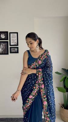 soft georgette sequins saree with multi-colour embroidery party & festive wear 2
