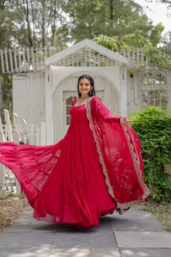 Faux Blooming Zari & Sequins Embroidered Readymade Gown with Dupatta 