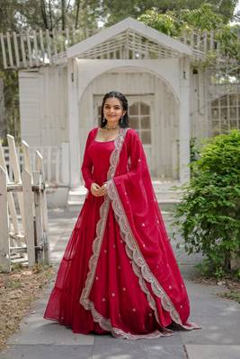 Faux Blooming Zari & Sequins Embroidered Readymade Gown with Dupatta  3