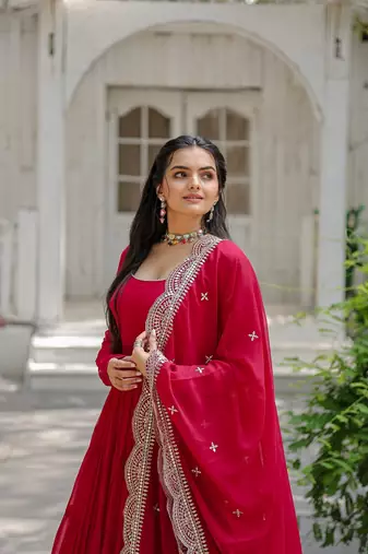 Faux Blooming Zari & Sequins Embroidered Readymade Gown with Dupatta 