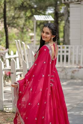 Faux Blooming Zari & Sequins Embroidered Readymade Gown with Dupatta  6