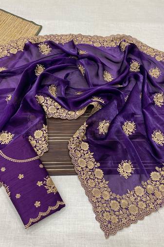 purple color designer organza satin saree
