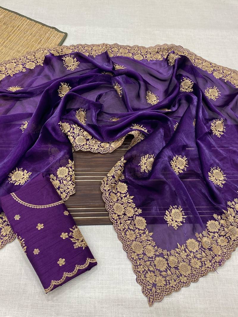 purple color designer organza satin saree