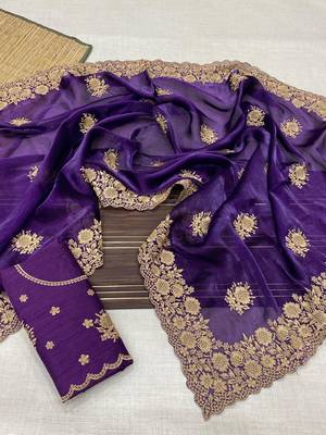 purple color designer organza satin saree 1