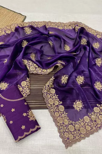 purple color designer organza satin saree