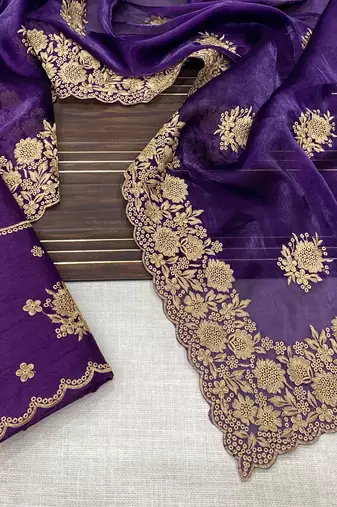 purple color designer organza satin saree