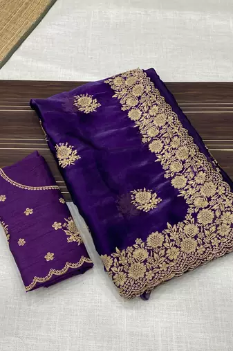 purple color designer organza satin saree